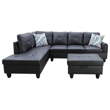 Right Facing Sectional Sofa & Storage Ottoman, PU Leather Upholstery, Black