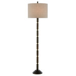 Currey & Company - Lovat Floor Lamp - Call us suckers for texture here at Currey & Company, as we just can't get enough of the striated surface. Our Lovat Floor Lamp tells on us with its articulated column that alternates between scored sections in dark antique brass divided by rings of matte brass that heightens its sheen. The beige linen shade is the perfect scale and roundness to mimic the lines of the columnar body, and the finial that matches the darker metal is the crowning touch. We also offer the Lovat in a table lamp.
