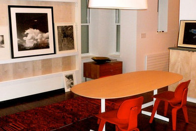 Kitchen/dining room combo - large modern dark wood floor kitchen/dining room combo idea in New York with white walls and no fireplace