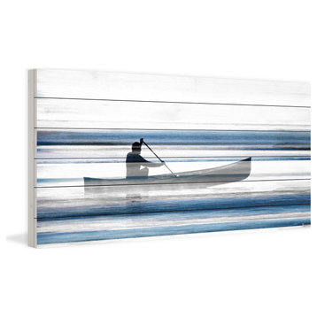 "Blue Lake Canoe II" Painting Print on White Wood, 60"x30"