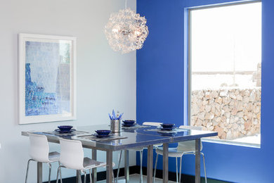 Dining room - modern dining room idea in Austin with blue walls