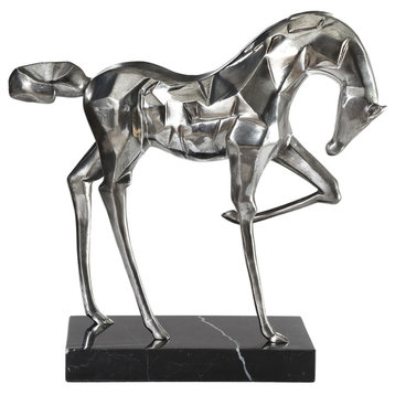 Modern Silver MidCentury Horse Sculpture, Black Marble Prancing Race Equestrian