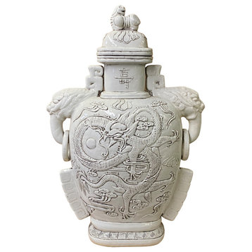 Chinese Ceramic Off White Color Dragon Elephant Ear Large Jar Hws1371