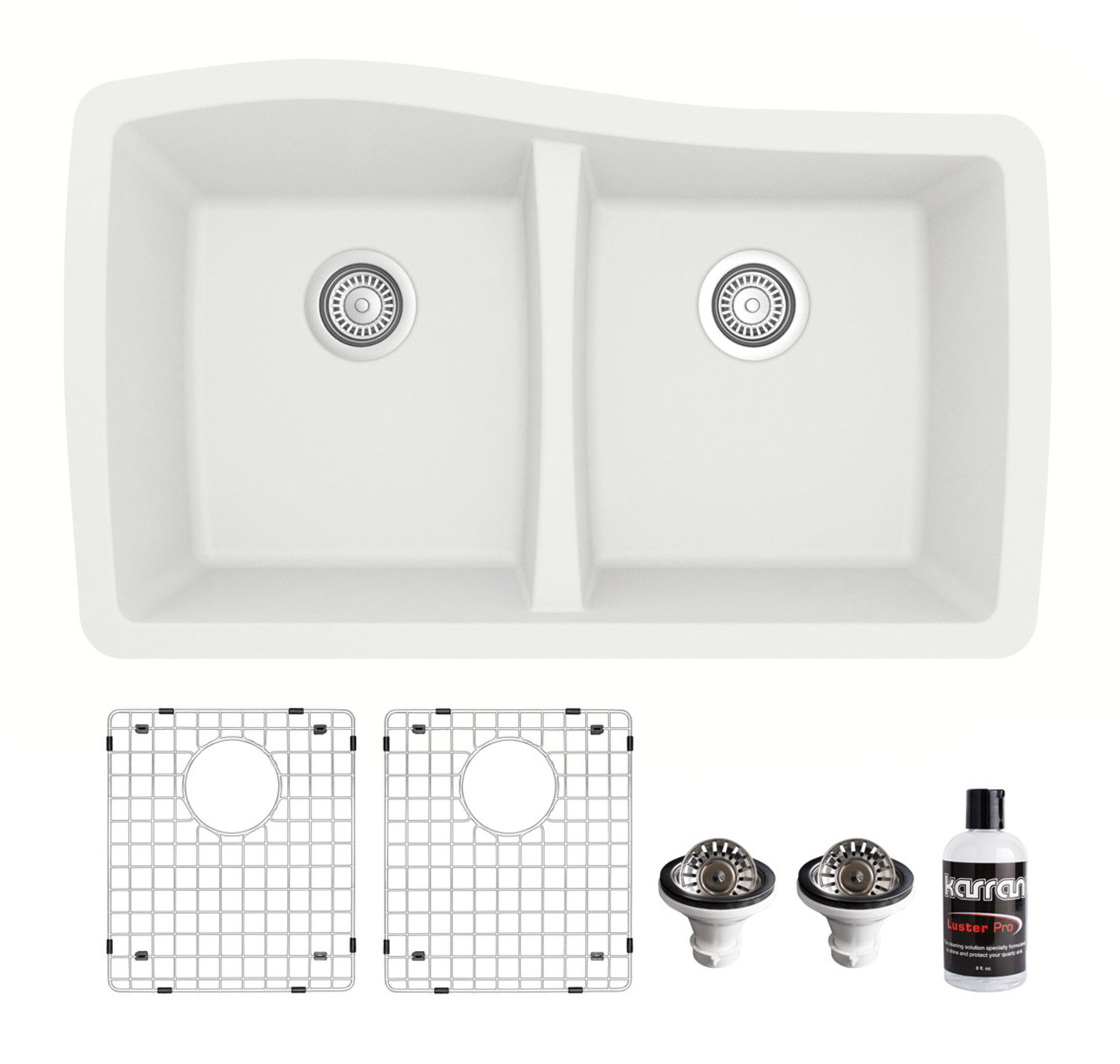 Karran Undermount Quartz 33" 50/50 Double Bowl Kitchen Sink Kit, White