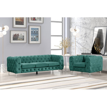 Rebekah 2 Piece Velvet Standard Foam Living Room Set Sofa+Chair, Green Velvet
