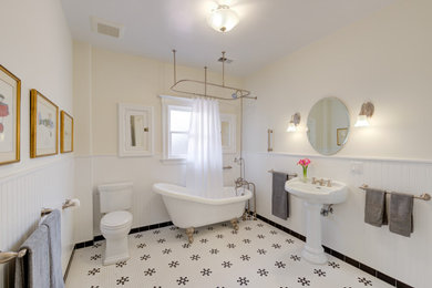 Bathroom - large traditional mosaic tile floor, white floor, single-sink and wall paneling bathroom idea in San Francisco with a two-piece toilet, beige walls and a pedestal sink