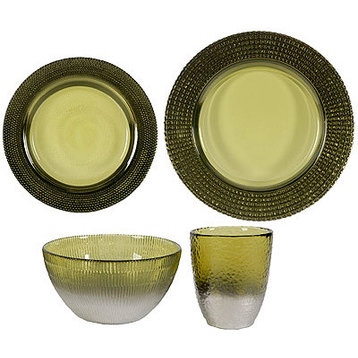 Glass Dinnerware Plate Bowl Cup, Set of 4 Green