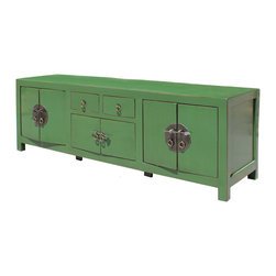 Chinese Distressed Medium Dark Moss Green Low TV Console Table Cabinet - Accent Chests And Cabinets