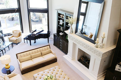 Living room - huge transitional formal and open concept carpeted living room idea in Salt Lake City with a standard fireplace, a tile fireplace and no tv