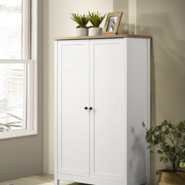 Claire 35"W White Storage Cabinet with Oak Accent Finish and Framed Slatted Pane