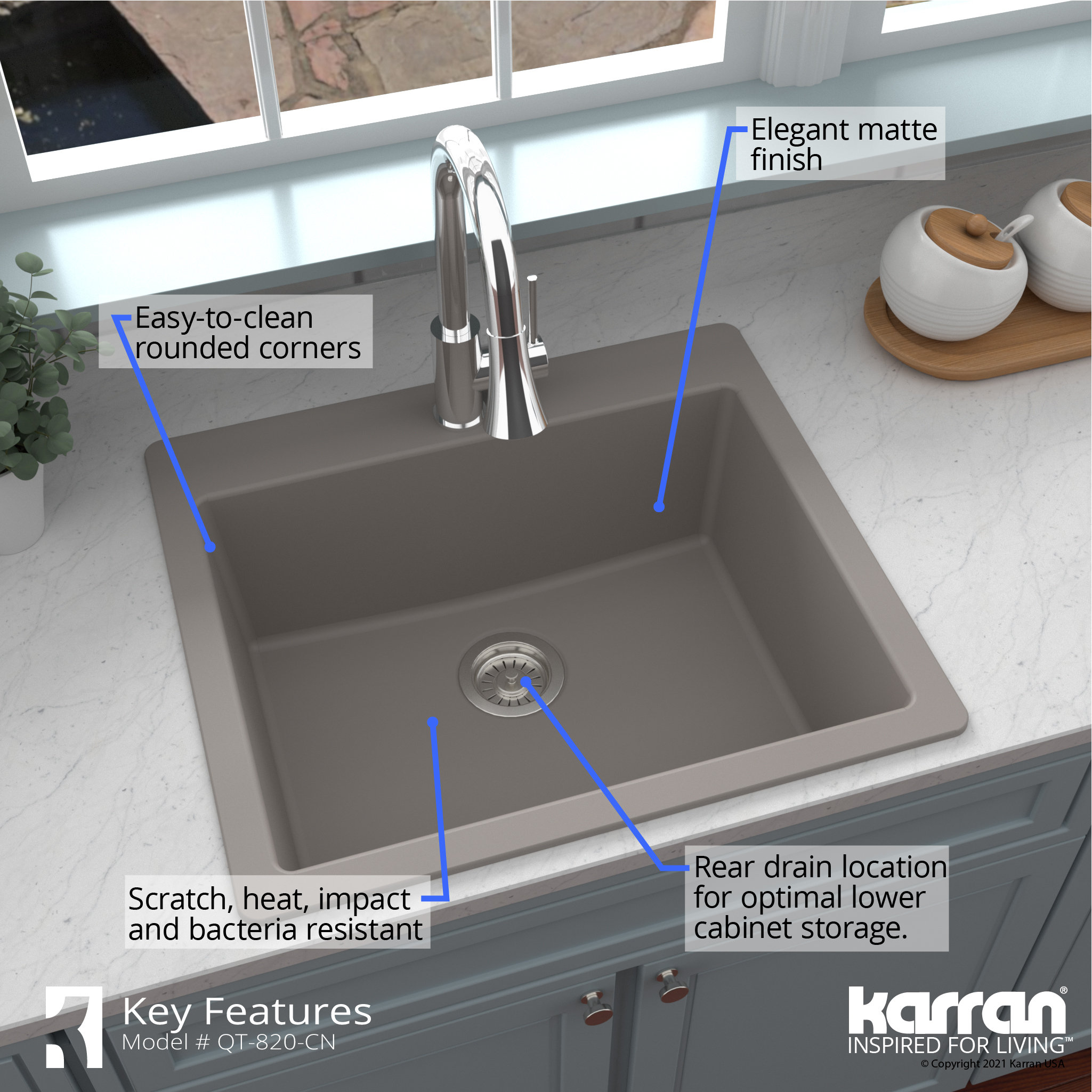Karran QT-820 Top Mount 25" Single Bowl Quartz Kitchen Sink Kit, Concrete