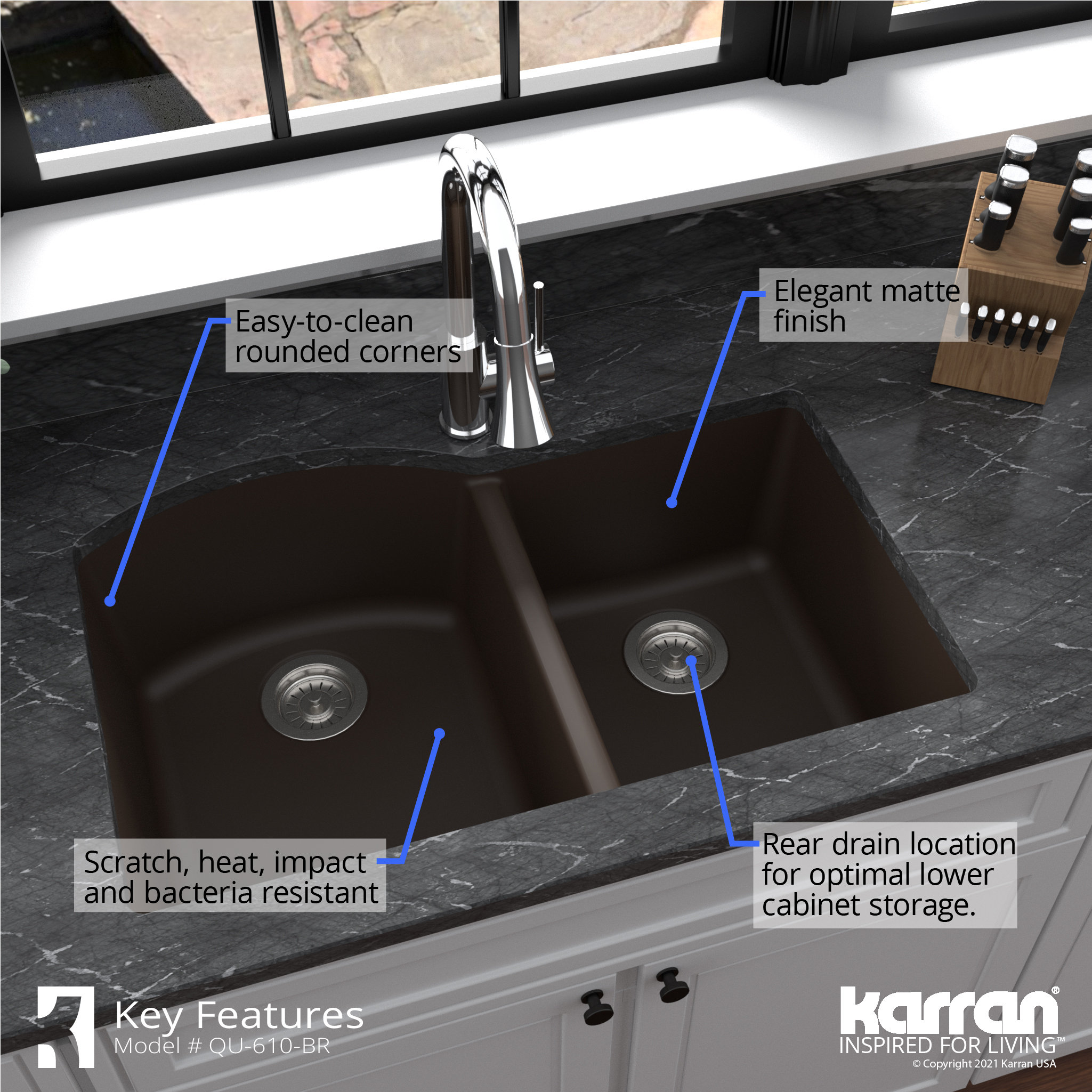 Karran Undermount Quartz 32" 60/40 Double Bowl Kitchen Sink, Brown