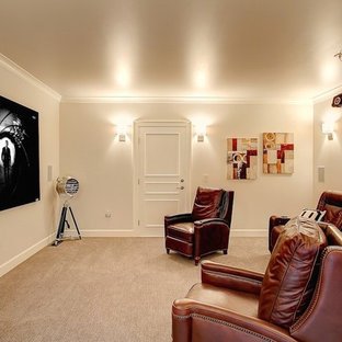 Cette photo montre une salle de cinéma nature fermée avec moquette, un mur blanc et un écran de projection.