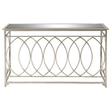 Contemporary Console Table, Geometric Accented Silver Frame With Mirrored Top