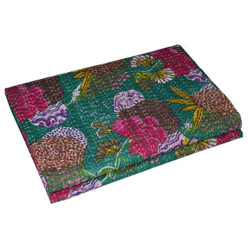 Indian Floral Print Queen Cotton Kantha Throw Blanket