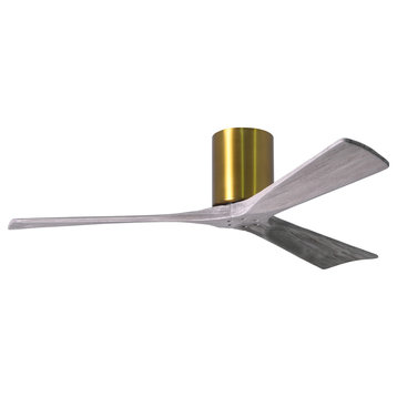 Irene3H 3-Blade Flushmount Fan With Barn Wood Blades, Brushed Brass, 52"