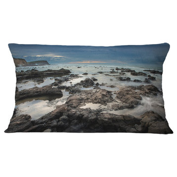 Rocky Seashore With Blue Sky Over Seashore Throw Pillow, 12"x20"