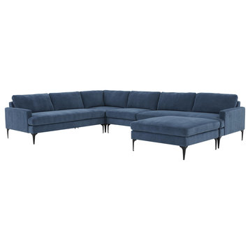 Serena Blue Velvet Large Chaise Sectional With Black Legs
