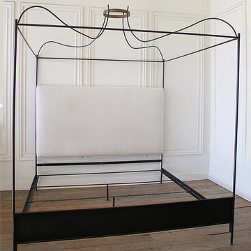 King Size Venetian Iron Canopy Bed with Upholstered Antique Linen Headboard