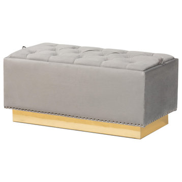 Siegfra Glam Velvet Fabric and Gold PU Leather Storage Ottoman, Gray/Gold