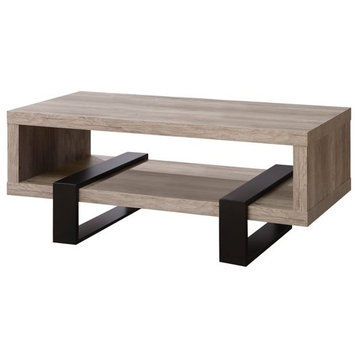 Modern Coffee Table, Geometric Design With Black Legs & Open Shelf, Driftwood