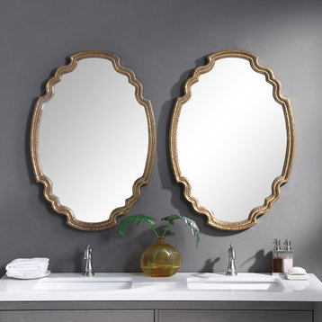Elegant Curved Gold Oval Wall Vanity Mirror, 34" Shaped French Vintage Style