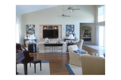 Living room - large eclectic open concept dark wood floor and brown floor living room idea in Miami with a music area, beige walls, no fireplace and a media wall