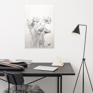 Abstract Flower Print: Delicate Poppies Charcoal Pencil Sketch Drawing