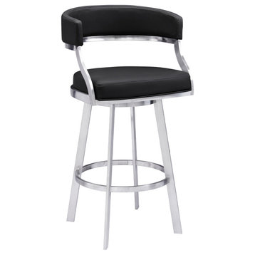 Saturn Swivel Metal and Faux Leather Bar Stool, Black, 26" Counter Height