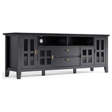 Contemporary TV Stand, Pine Wood With 4 Glass Doors & 2 Drawers, Black