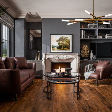 Dark Sophisticated Living Room with Classic Fireplace