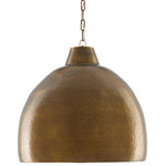 Currey & Company - Earthshine Brass Large Pendant - The Earthshine Brass Large Pendant has a hammered dome shape for a cool industrial look. Made of iron in a vintage brass finish, this sturdy gold pendant has a luminous glow on the interior. We offer this fixture, one of the rough luxe pendants in our lineup, in small and large steel pendants.