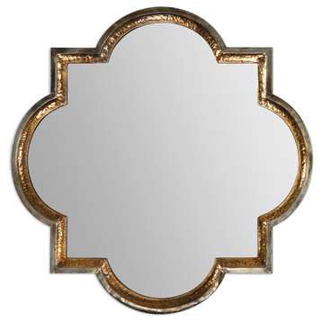 Designer 40" Hammered Gold Quatrefoil Wall Mirror, Square Vanity Vintage Style