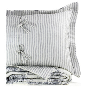 Toile Cotton Reversible Bamboo Stripe Quilt Set, Grey, Full/Queen