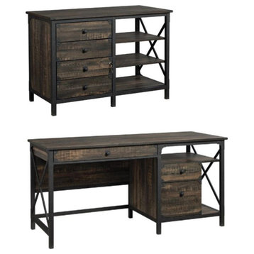 Home Square 2-Piece Set with Computer Desk and Small Credenza in Carbon Oak