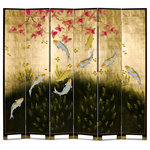 China Furniture and Arts - 84 Inch Tall Gold Leaf Koi Fish Asian Floor Screen - Standing at 7 feet tall and composed of six panels, 16" wide each, this grand Asian floor screen serves as the perfect room divider or as a stand-alone art piece. The piece features a hand painted koi fish scenery on gold leaf background. In Chinese culture, the nine koi fish symbolizes prosperity and good luck. Elegant black border rounds out its quiet beauty while brass plated feet complete the overall look. Gold bamboo trees adorn the back. This piece stands as a functional piece of art that will bring positive Chi to any room it is placed.