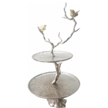 Impressively Designed Iron Branch 2 Tiered Tray, Silver