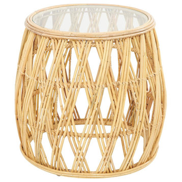 Unique Accent End Table, Rattan Frame With Crossed Pattern & Glass Top, Natural