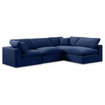 Meridian Furniture - Comfy Upholstered L-Shaped Modular Sectional, Navy, 4-Piece: 2 Armless Chair, 2 Corner Chair, Velvet - Give your space a whole new look with this navy Comfy velvet sectional. This handsome sectional fits nicely with other items in the Comfy collection and is a versatile seating option designed for adaptability, comfort and style. Wrapped in rich navy durable velvet upholstery, this sectional offers a plush embrace of overstuffed down feather cushions, carefully crafted to deliver the highest level of comfort. The perfect seat for creating an oasis for relaxation, this sectional has thick foam surrounding its frame for added support and coziness.
