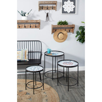 Small Round Metal Nesting Accent Tables With Floral Patterns