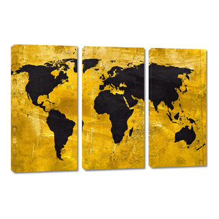 Black and Gold World Map Canvas Print Wall Art, 3 Panel Split, Triptych 