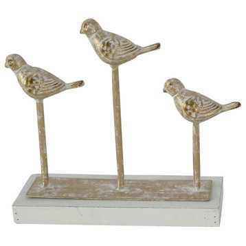 Vintage Style Metallic Carved Metal Bird Figurines On Wood Base