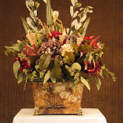 Floral Arrangement, Elegant Painted Container Red Hydrangia, Natural Eucalyptus - Artificial Plants And Trees