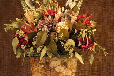 Floral Arrangement, Elegant Painted Container Red Hydrangia, Natural Eucalyptus
