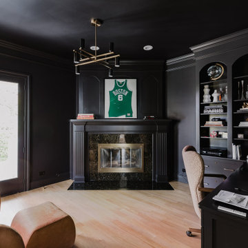 Custom Black Office With Fireplace and Built-In Display Wall