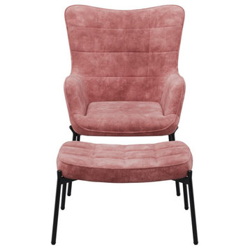 Corliving Velvet Accent Chair With Stool, Pink Salmon