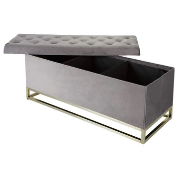 Spacious Storage Bench, Brushed Brass Base & Gray Velvet Seat With Inner Space