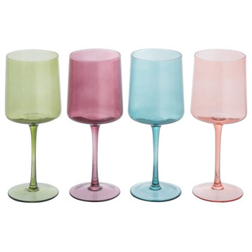 Hand Blown Stemmed Wine Glasses, 14 Ounces, 4 Assorted Colors