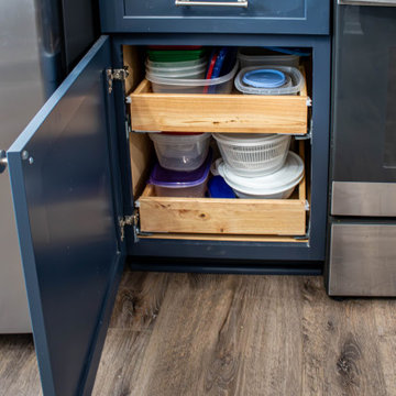 Two Tone Kitchen: Navy and Wood Kitchen with Carrara Wind Quartz Countertops