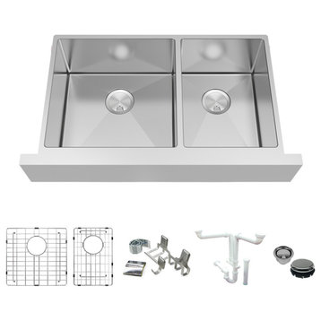 Transolid Diamond 35.9"x20.3" Double Bowl Farmhouse Sink Kit in Stainless Steel